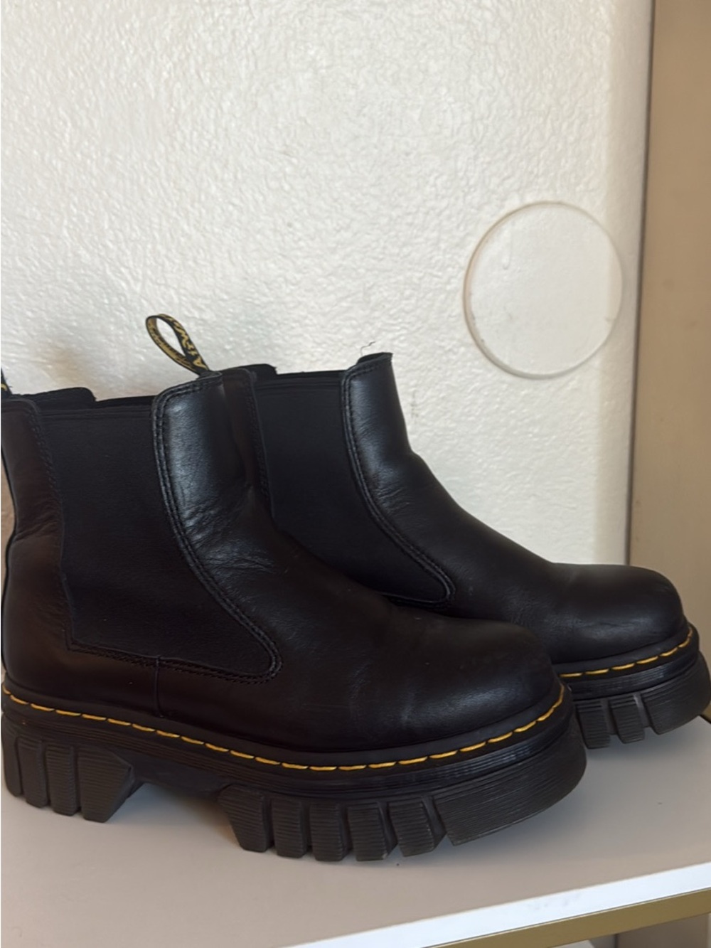 Dr. Martens Women’s Black Leather Chelsea Boots with Yellow Stitching Platform - Picture 4 of 5
